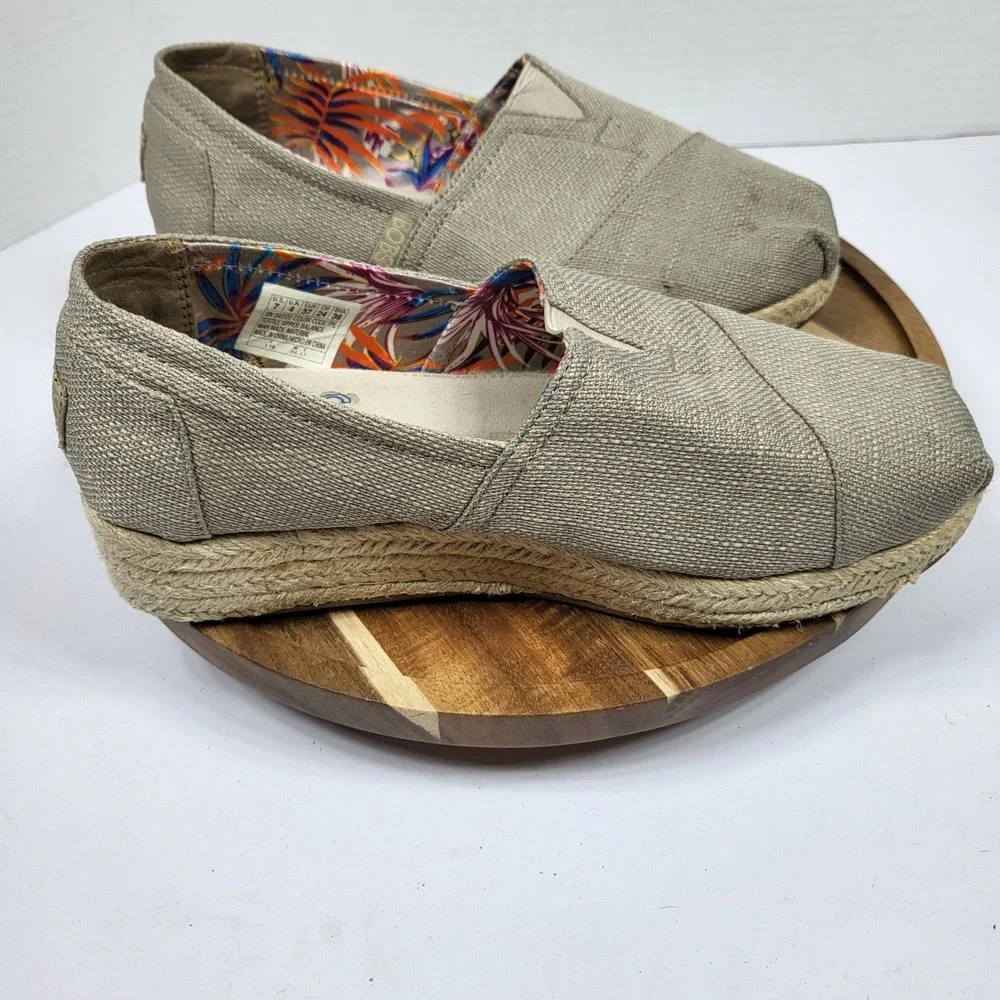 BOBS Skechers Espadrille Women 7 Taupe Platform Slip On 34101 Jute Textile
